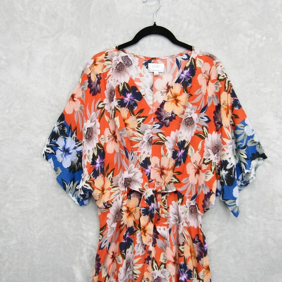 Johnny Was Jade Dress Large Deepika Tie Front Midi Floral Silky Orange Womens - Picture 10 of 16